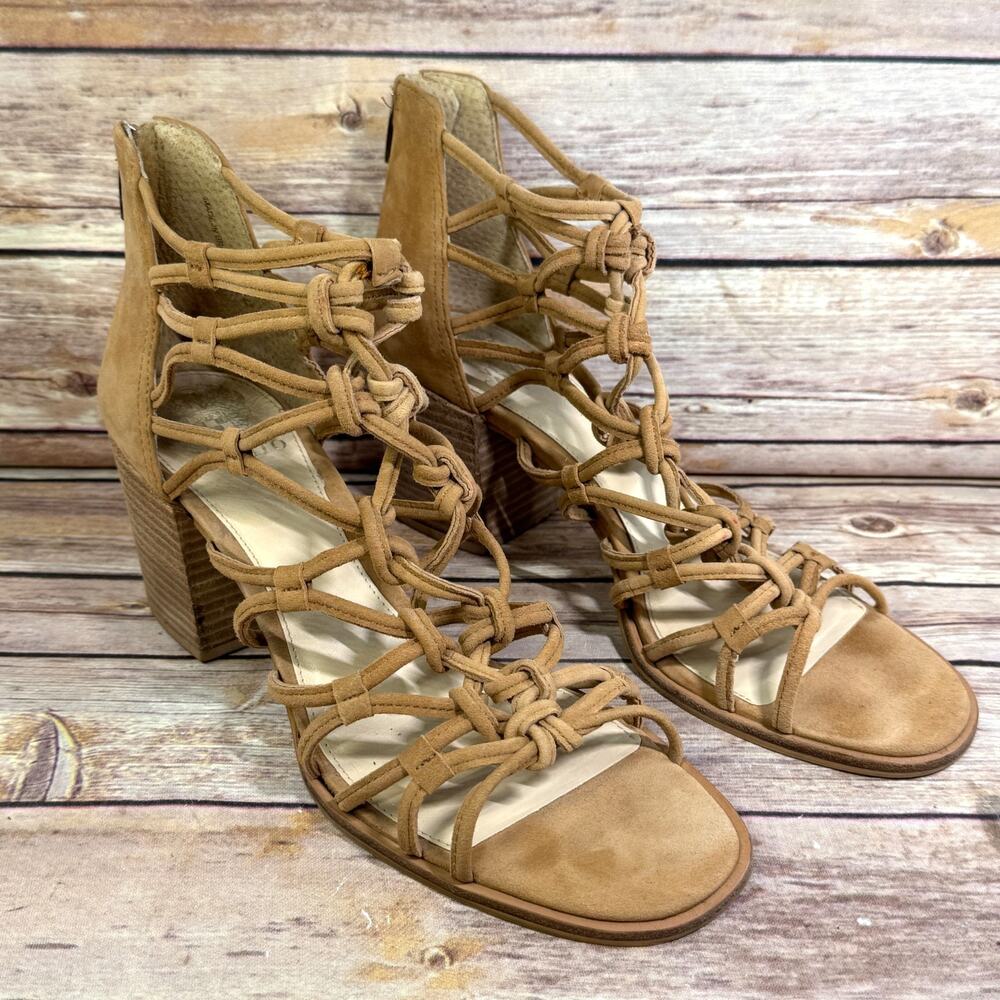 Vince Camuto Tan Brown Suede Open Toe Knotted Caged Block Heel Sandals 10M